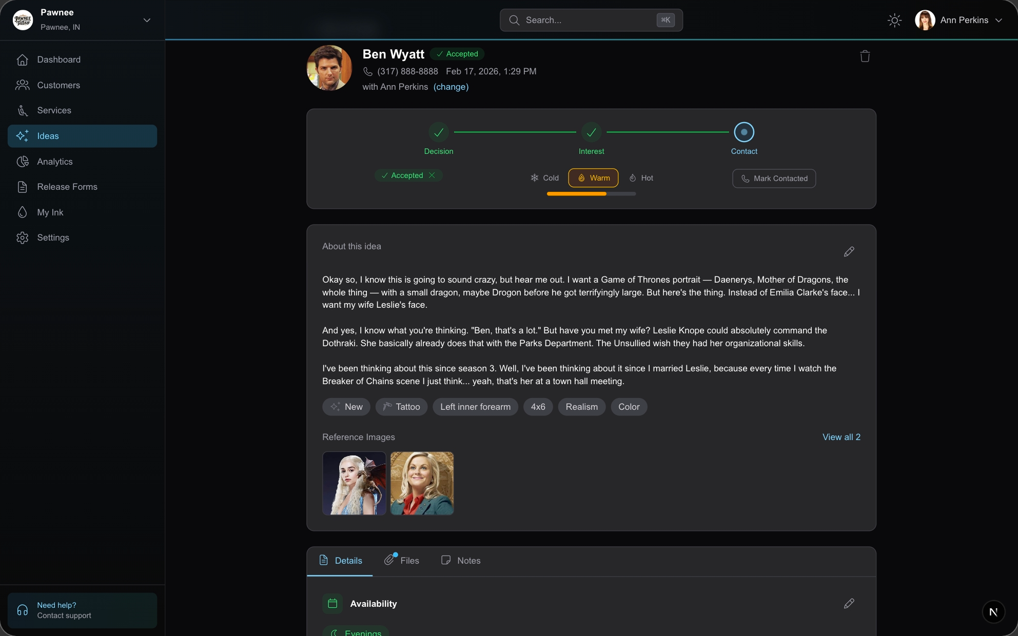 REV23 Cloud Ideas feature — tattoo consultation waiting list and cancellation filler with reference images and availability filtering