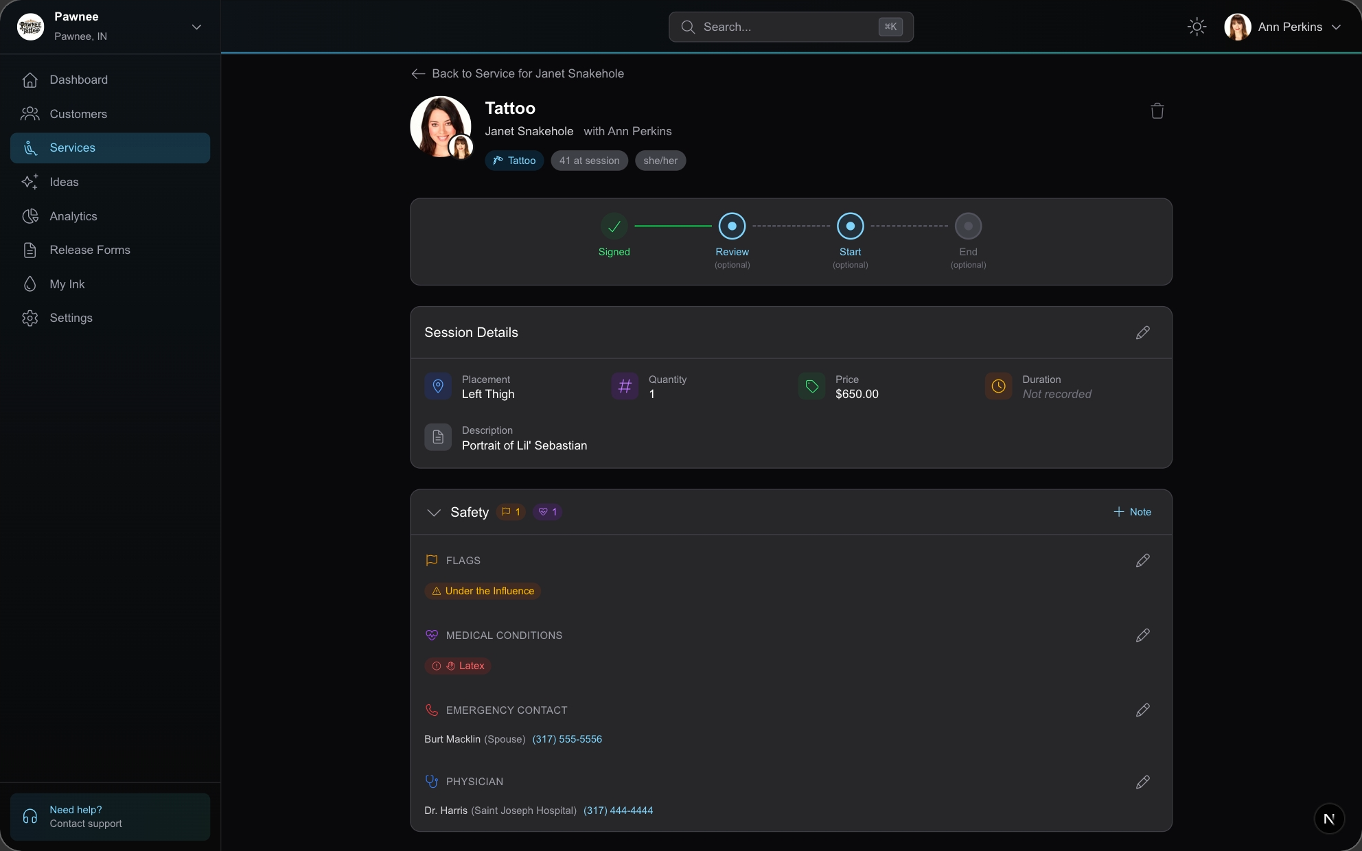 REV23 Cloud service lifecycle tracking for tattoo sessions — waiting room, in progress, and completed workflow