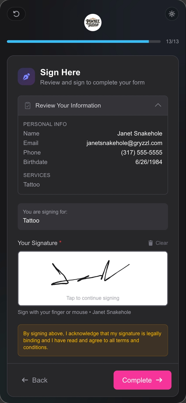 REV23 Cloud Web Sign — customers complete tattoo consent forms and waivers from their phone via QR code or link